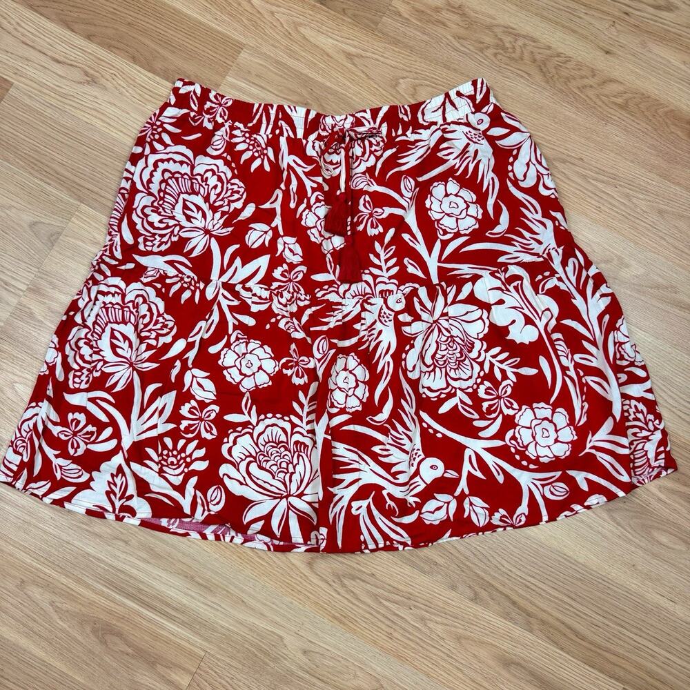 Women’s Tropical Floral Boho Flowy Tiered Skirt Red White Large Vacation Beach